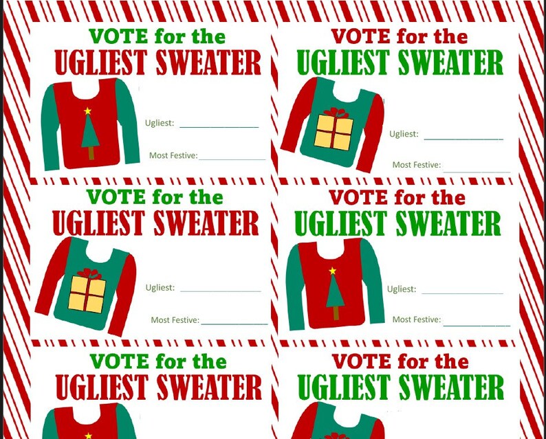 May include: A festive sheet with multiple "Vote for the Ugliest Sweater" cards. Each card features a sweater design with a Christmas tree or gift box. The cards have space to write "Ugliest" and "Most Festive". The background has red and white candy cane stripes.