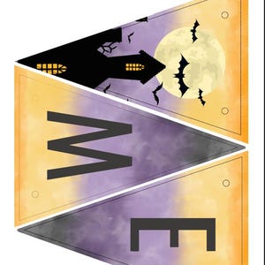 May include: A printable Halloween welcome banner featuring triangular pennants with a purple and orange watercolor background. One pennant shows a black haunted house silhouette, a full moon, and bats. Others display the letters M and E.