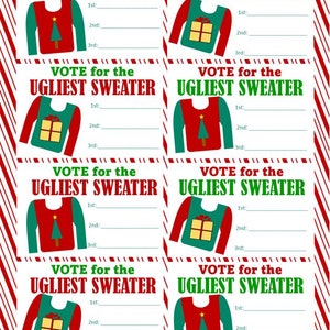 May include: A printable sheet with eight "Vote for the Ugliest Sweater" cards. Each card features a sweater graphic and space for ranking. The background has red and white candy cane stripes. Text includes "Vote for the Ugliest Sweater".