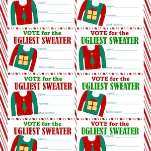 May include: Printable "Vote for the Ugliest Sweater" cards. Each card features a sweater design with a Christmas tree or gift box. The cards have spaces for "Ugliest," "Funniest," and "Most Creative" votes, with a red and white candy cane border.