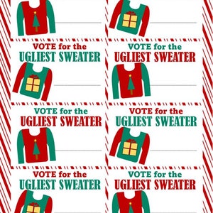 May include: A sheet of eight cards with the text "VOTE for the UGLIEST SWEATER" in red and green. Each card features a sweater design, some with a Christmas tree and others with a gift box. The background has a candy cane stripe pattern.