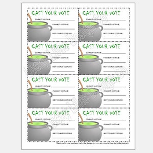 May include: A printable sheet containing eight identical Halloween voting cards. Each card features a grey cauldron filled with green liquid, the text CAST YOUR VOTE, and lines for Scariest Costume, Funniest Costume, and Best Couples Costume.