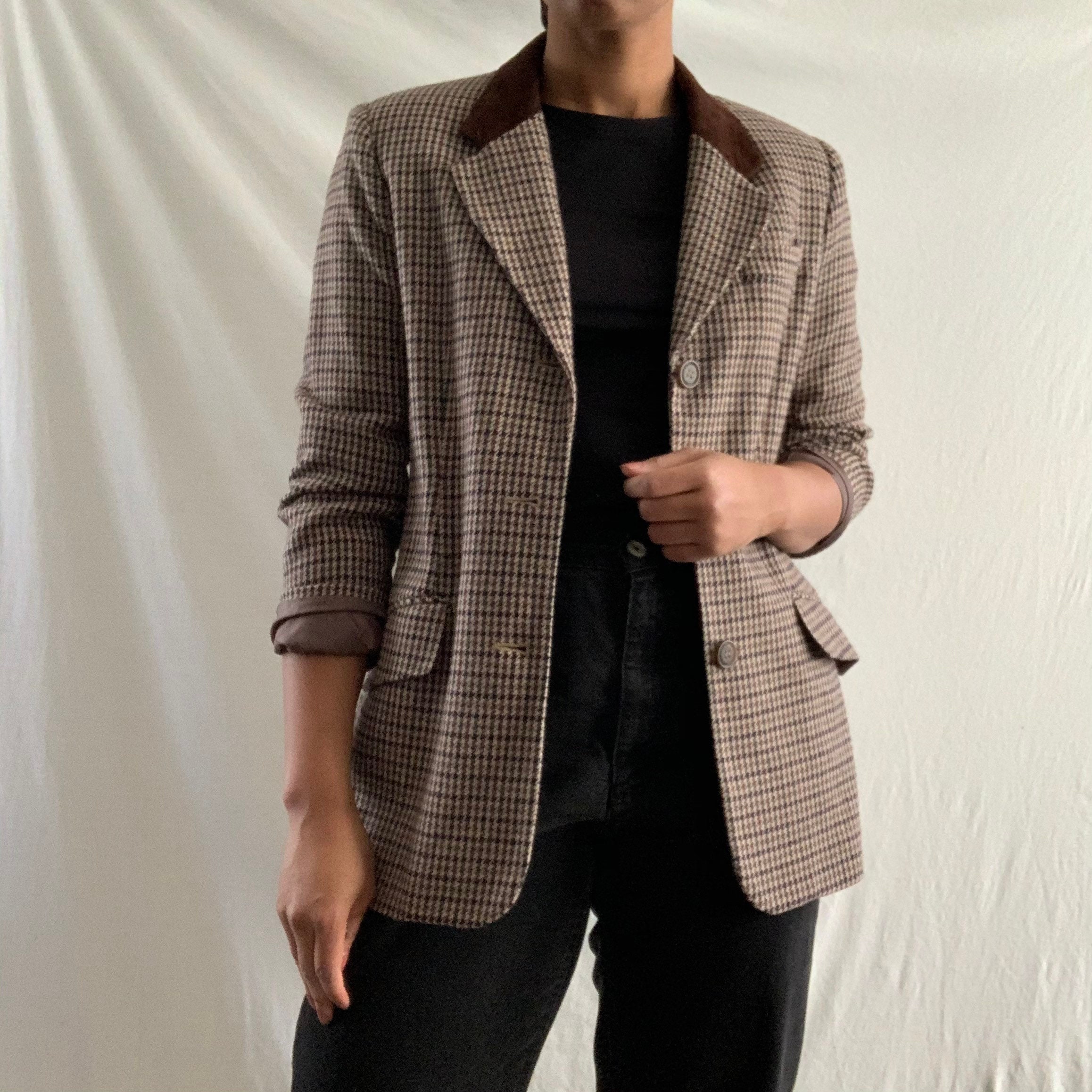 Vintage Brown Houndstooth Blazer with Suede Detail Etsy