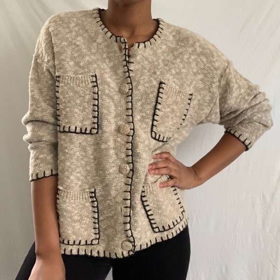 Vintage Beige and Black Embroidered Woven Cardigan
