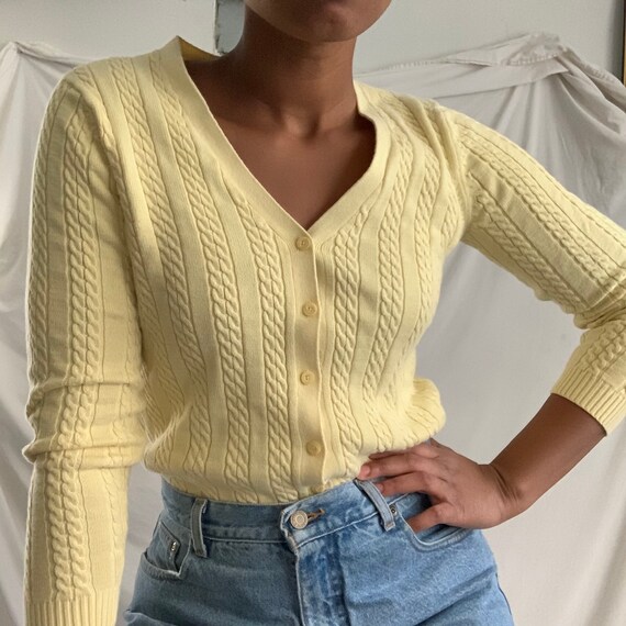 Vintage Pastel Yellow Cable Knit Cardigan