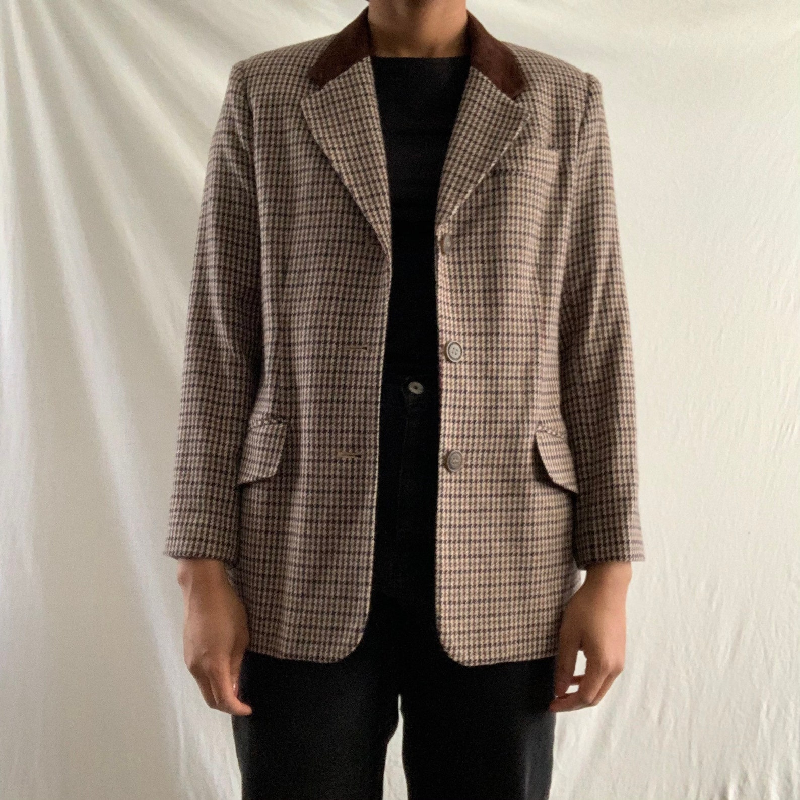 Vintage Brown Houndstooth Blazer with Suede Detail Etsy
