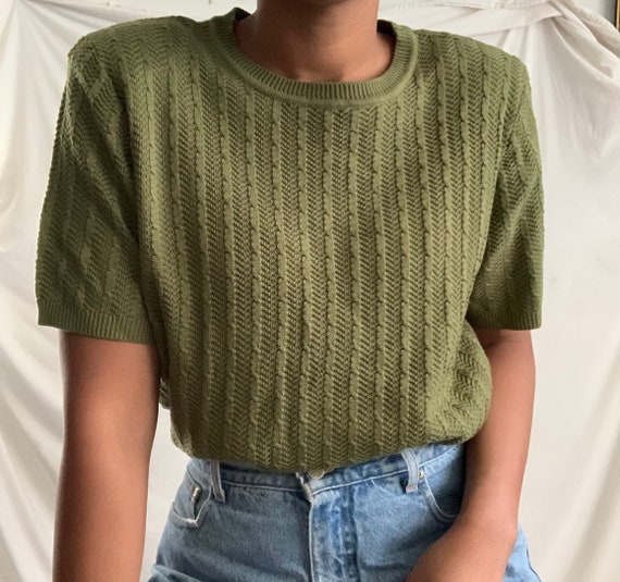 Green Vintage Knit Short Sleeve Sweater