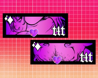 May include: Two rectangular graphic designs featuring a purple illustration of a person, a heart, and the text "t4t". The designs are set against a gradient pink and orange grid background.