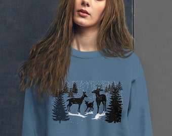 Bluza Whisper Winter Woods | Bluza Snowy Woodland z rodziną Deer | Przytulna bluza Winter Woodland
