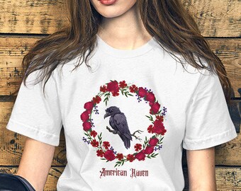 American Raven Short-Sleeve Unisex T-Shirt | Vintage Raven and Roses T shirt | Gothic Black Crow T Shirt