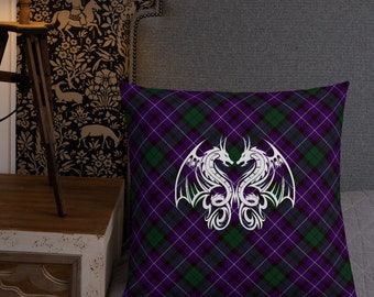 Purple Plaid Double Dragon Premium Pillow (insert inbegrepen) | Tartan kussen met witte draken | Keltisch Tartan Dragon Kussen met Insert
