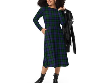 Black Watch Tartan Midi-jurk met all-over print en lange mouwen | Blackwatch geruite jurk | Schotse tartan jurk met lange mouwen