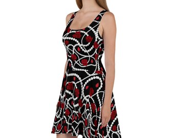 Rozen, robijnen en parels skaterjurk | Klassieke rozen- en pareljurk | Vintage rozen op zwarte Valentijnsdagjurk