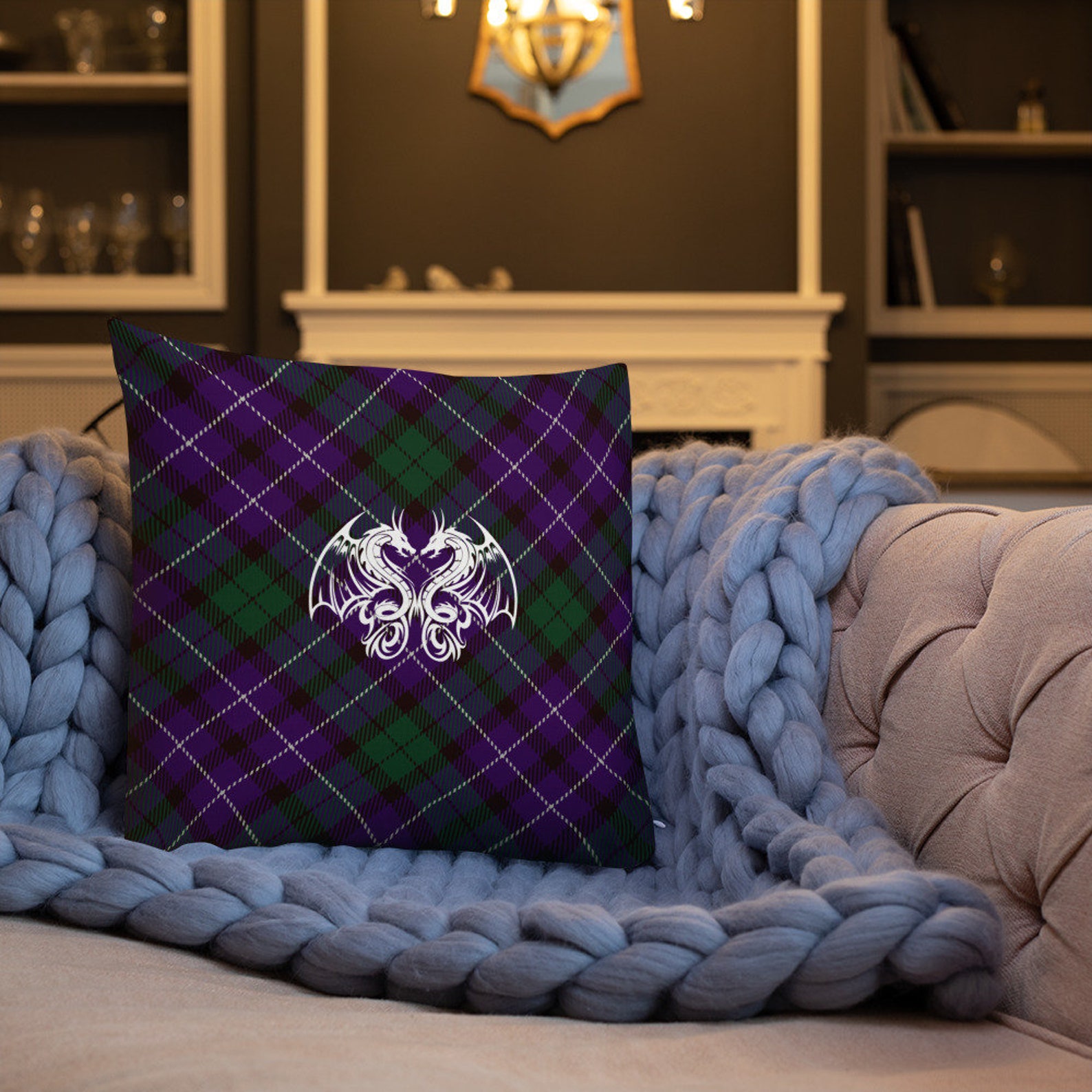 Purple Plaid Double Dragon Premium Pillow insert Included Etsy