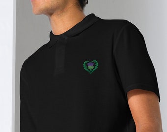 Scottish Thistle Heart Unisex piqué poloshirt | Schots Thistle Heart-poloshirt | Thistle Flower Heart of Scotland Celtic Heritage-shirt