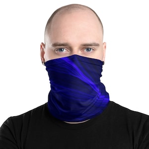 May include: A blue and black face covering with a swirling abstract pattern. The mask is made of a soft, breathable fabric and is designed to be comfortable to wear.