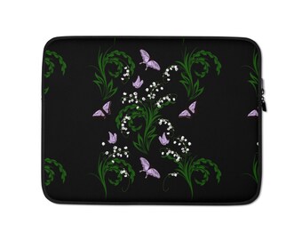 Lelietje-van-dalen en vlinders-laptophoes | Cottage Garden Lelietje-van-dalen + Vlinders laptoptas | Sierlijke laptophoes met bloemen