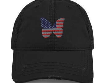 American Flag Butterfly Distressed Dad Hat | US flag Distressed Ball Cap | Flag Butterfly Distressed Baseball Hat