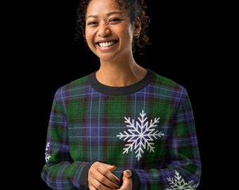 Black Watch Tartan winter gebreide trui met ronde hals | Blackwatch geruite trui met sneeuwvlokken | Gezellige Schotse trui met Schotse ruit