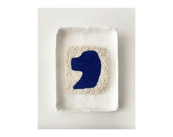 Blue Shape 01 - Wool Embroidery Artwork in Handmade Plaster Tray Frame