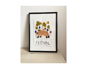 Festival - Original Framed Gouache Artwork on Handmade Plaster Canva