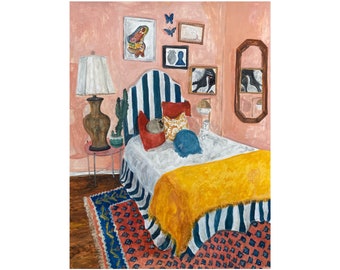 La habitación de huéspedes - Pintura original de Gouache sobre papel Canson