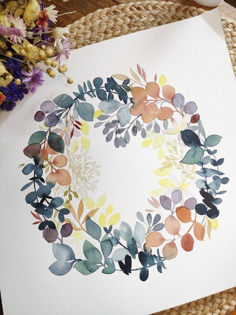 Aquarelle Originale Couronne Florale
