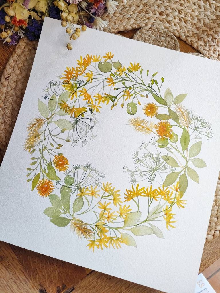 Aquarelle Originale Couronne Florale