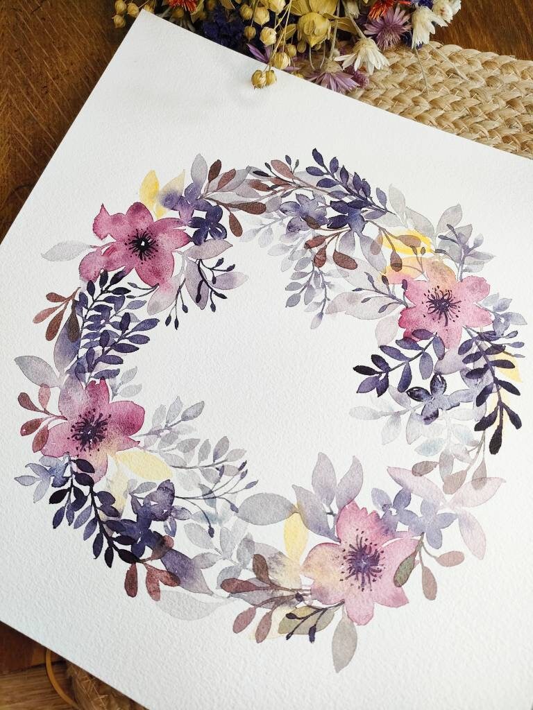 Aquarelle Originale Couronne Florale
