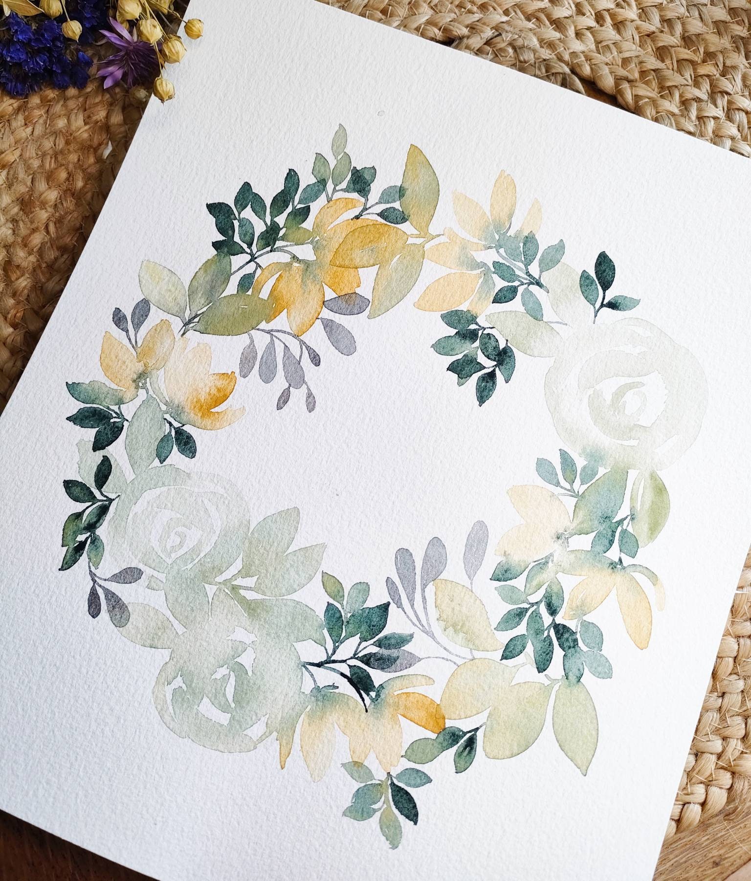 Aquarelle Originale Couronne Florale