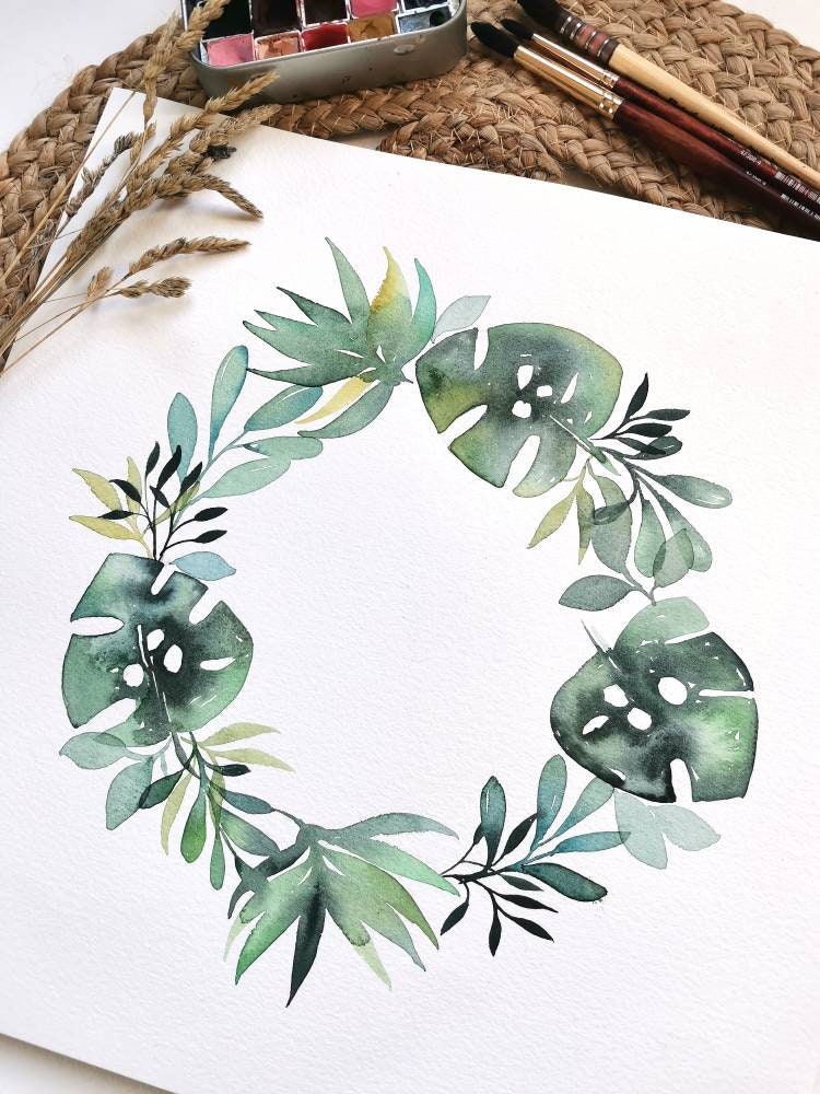 Aquarelle Originale Couronne Florale