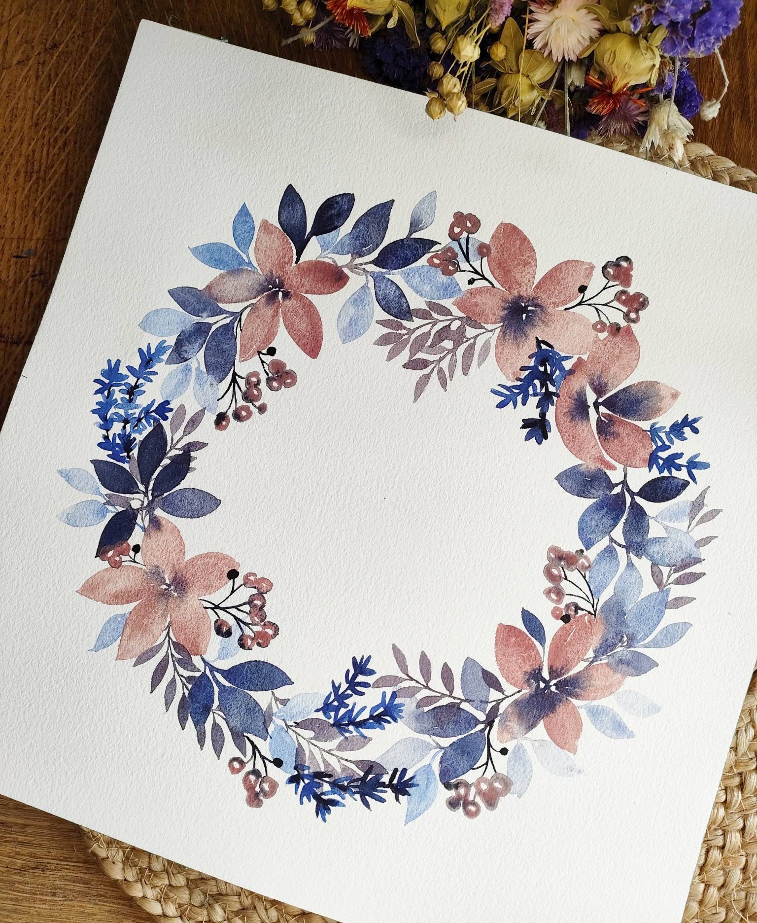 Aquarelle Originale Couronne Florale
