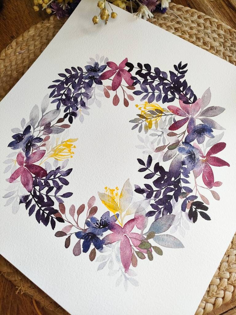 Aquarelle Originale Couronne Florale