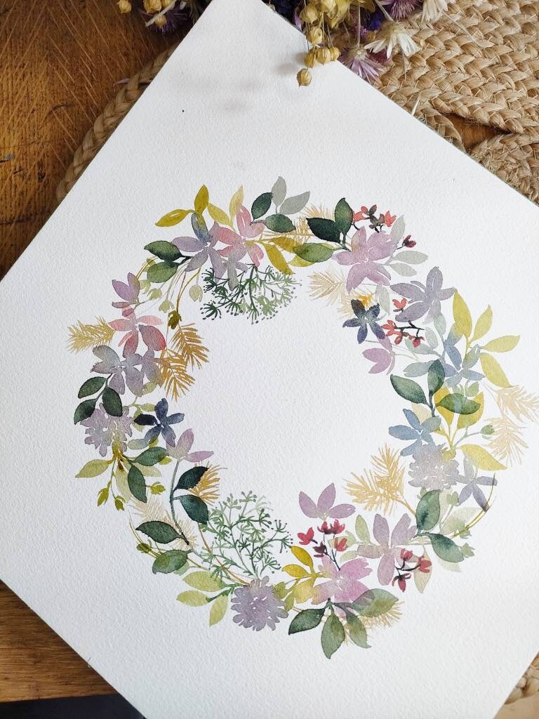 Aquarelle Originale Couronne Florale