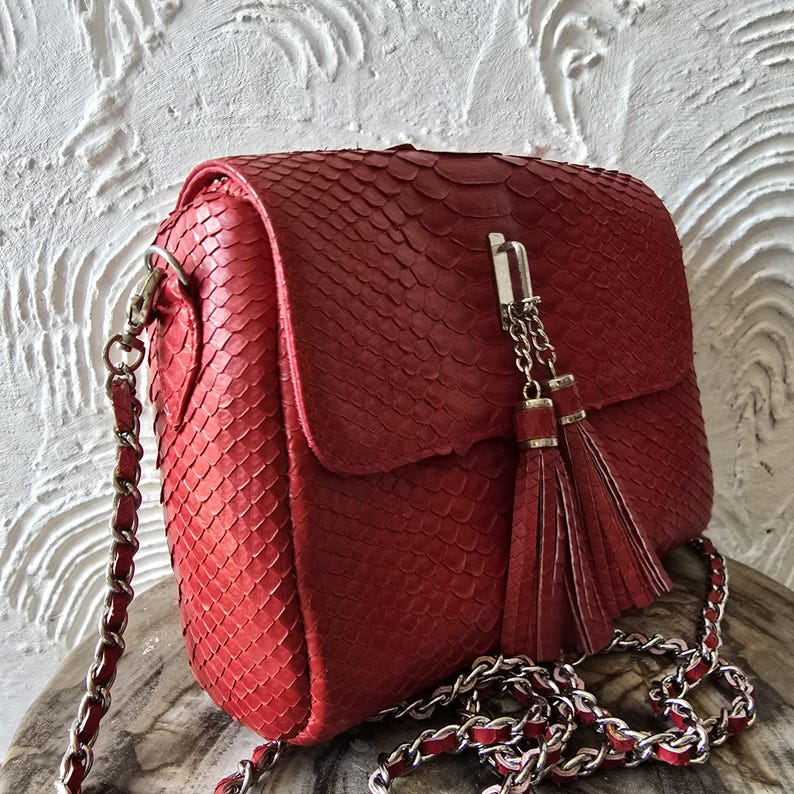 May include: A red, textured leather crossbody bag with a flap closure. The bag features a silver chain strap and tassel detailing. The bag's dimensions are approximately 8 inches wide, 6 inches high, and 3 inches deep.