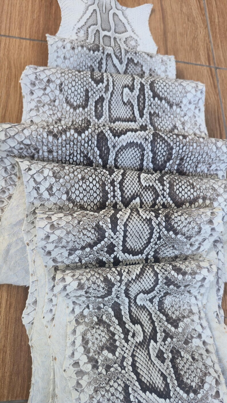May include: A stack of multiple pieces of snakeskin leather featuring a repeating scale pattern in shades of white, grey, and dark brown. Each piece of hide is layered to display the natural texture and the distinct, organic markings of the reptile skin.