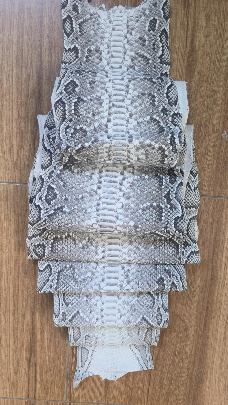 K&ouml;nnte beinhalten: Ein Stapel nat&uuml;rlicher Schlangenhaut-Lederh&auml;ute mit einem sich wiederholenden Rautenmuster in Off-White, Grau und Dunkelbraun. Die texturierten Schuppen sind in Schichten angeordnet und zeigen den markanten R&uuml;ckenstreifen und die organische Struktur.