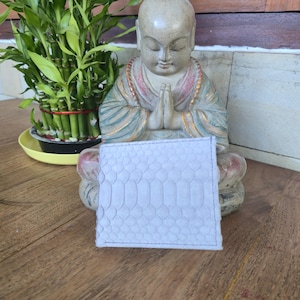 May include: A light gray, square wallet with a snakeskin pattern. The wallet is made of a textured material and has a stitched border. The wallet is displayed in front of a statue of a seated Buddha.