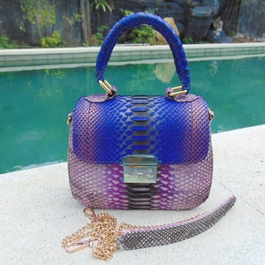 May include: A small, purple and blue handbag made of snakeskin with a gold chain strap. The bag has a gold clasp and is sitting on a concrete surface near a swimming pool.