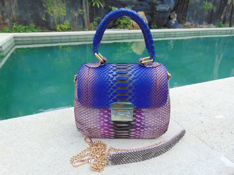 May include: A small, purple and blue handbag made of snakeskin with a gold chain strap. The bag has a gold clasp and is sitting on a concrete surface near a swimming pool.