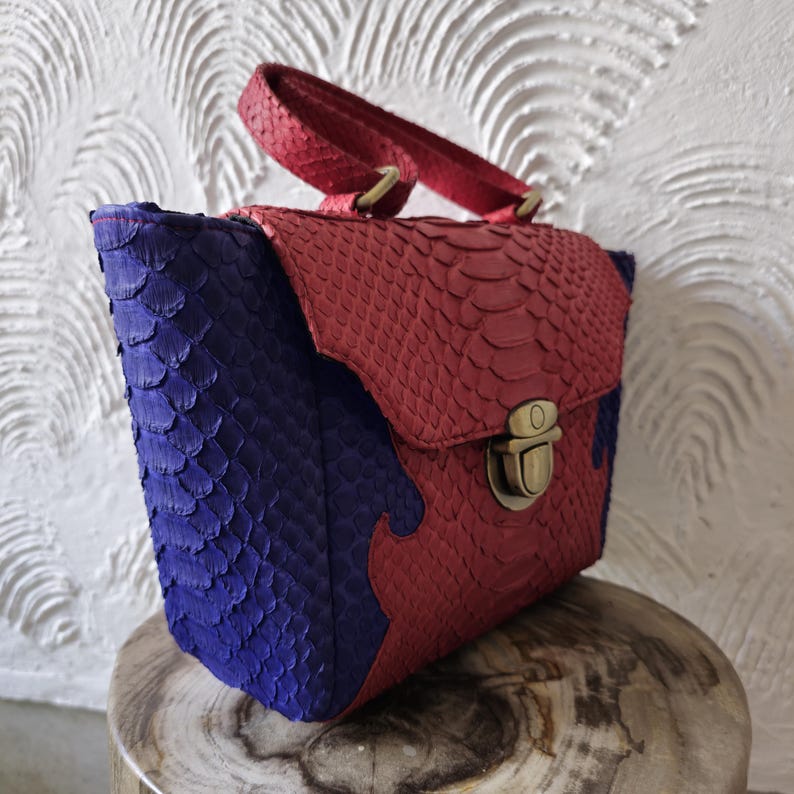 May include: A small, red and blue handbag made of snakeskin. The bag has a top handle and a clasp closure.
