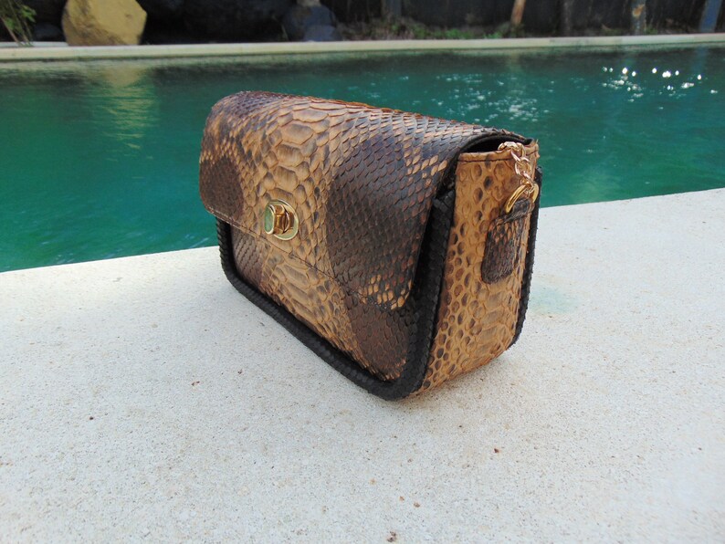 Peut inclure: Un petit sac &agrave; main en cuir de serpent brun et noir avec un fermoir dor&eacute; et une fermeture &eacute;clair.