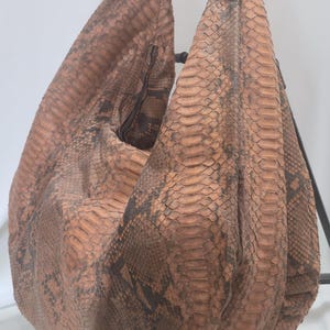 brown Large Python Leather Hobo Bag, Slouchy Snakeskin Tote Bag, Oversized Boho Shoulder Purse