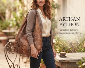 May include: A large hobo-style shoulder bag featuring a brown and black snakeskin-patterned texture. The text ARTISAN PYTHON Timeless Texture | Uncompromising Style is printed on the right side of the image in a dark brown serif font.