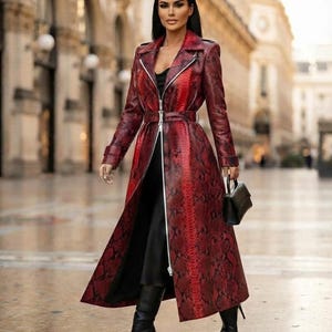 Genuine Red Python leather Long Coat : Luxury Snake Skin Ladies Trench Coat snakeskin Custom Made, First Class