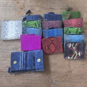 Può includere: Una collezione di portafogli rettangolari con un motivo testurizzato a pelle di serpente in vari colori, tra cui bianco, verde, blu, viola, rosso e nero. Ogni portafoglio è dotato di chiusura a zip o bottone a pressione.