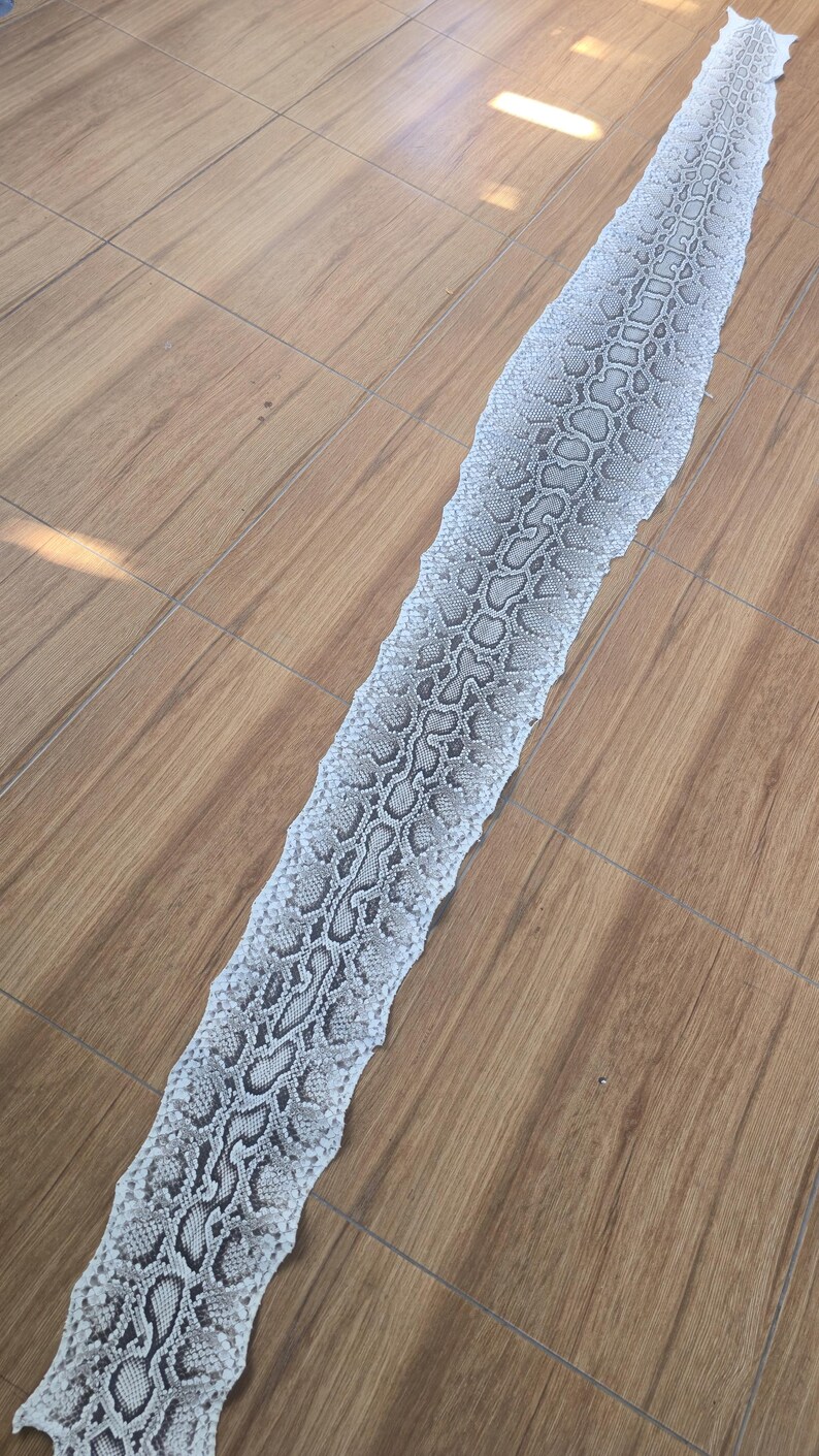 May include: A long, shed snake skin featuring a detailed, repeating scale pattern in shades of white, light grey, and dark grey. The skin is elongated and narrow, displaying a natural, textured surface with a distinct, organic, and intricate design.