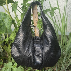 Black Large Python Leather Hobo Bag, Slouchy Snakeskin Tote Bag, Oversized Boho Shoulder Purse