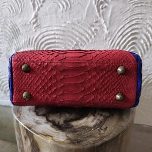 May include: Red python skin handbag with blue trim and gold accents. The bag has four gold feet on the bottom.