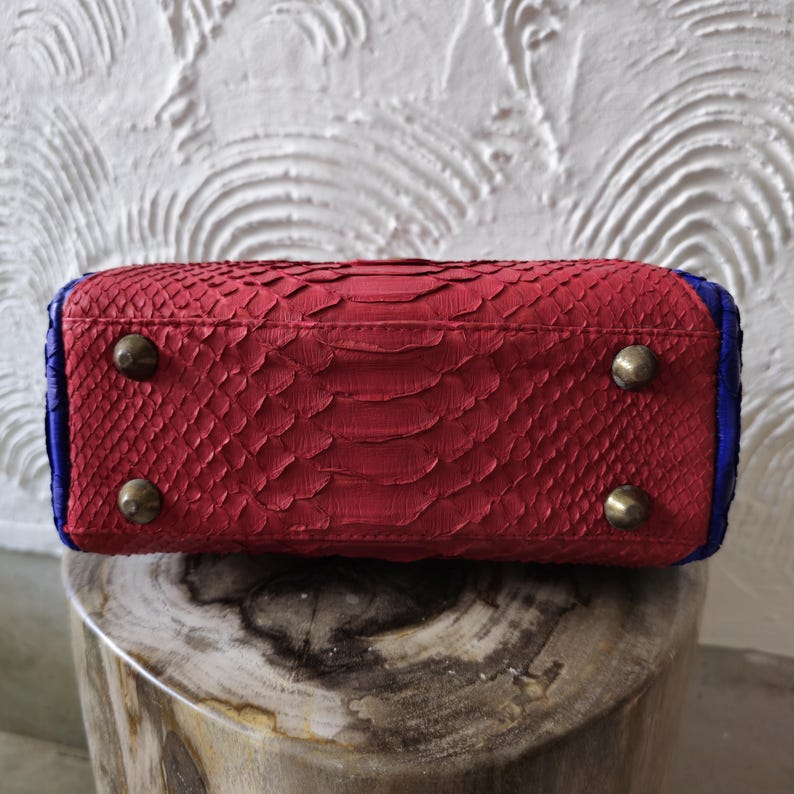 May include: Red python skin handbag with blue trim and gold accents. The bag has four gold feet on the bottom.